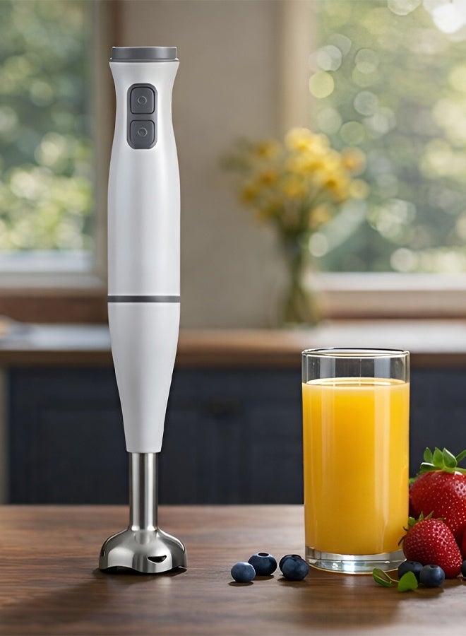 High-performance professional electric hand blender with 460 watts of power, sharp stainless steel blades, two speeds for precise control, and an ergonomic and safe hand design ideal for preparing smoothies and blending food.